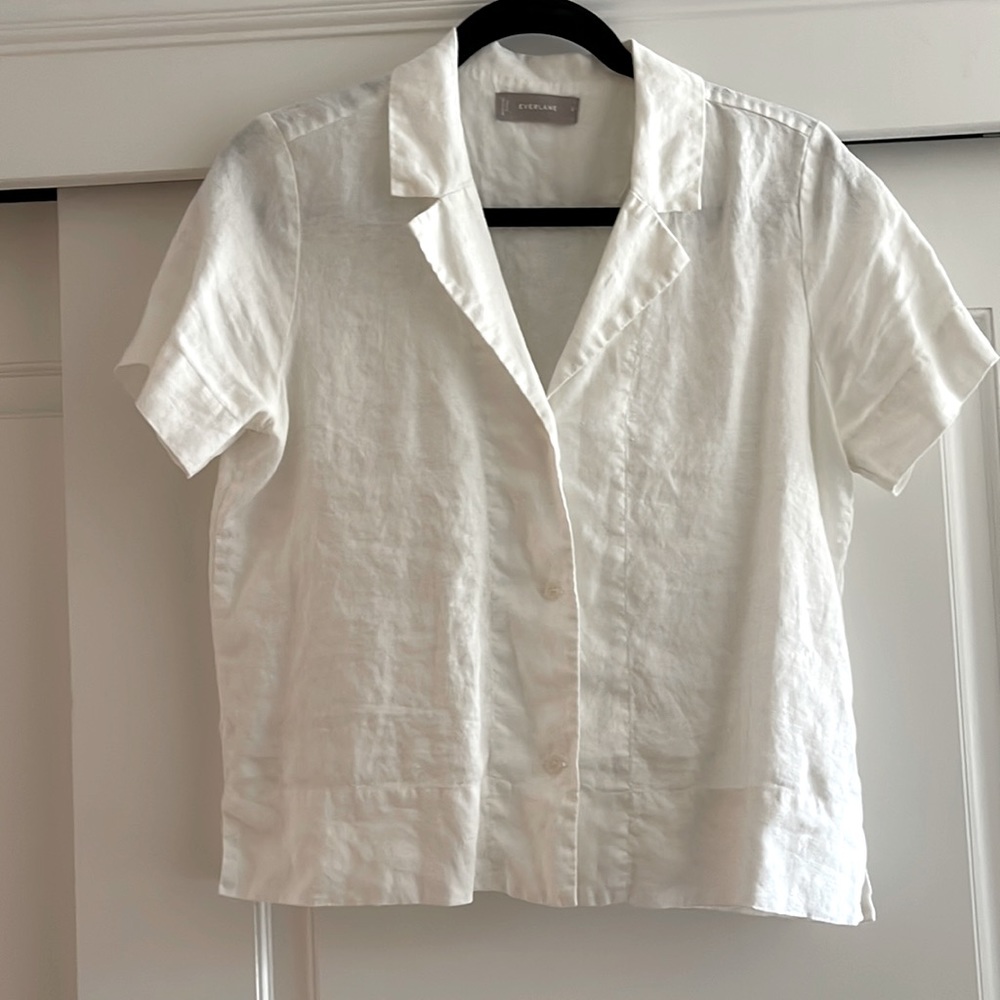 Everlane Linen Notched Short Sleeve shirt white size 4 button down top